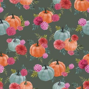 pumpkin floral fabric - watercolor autumn florals - dark green