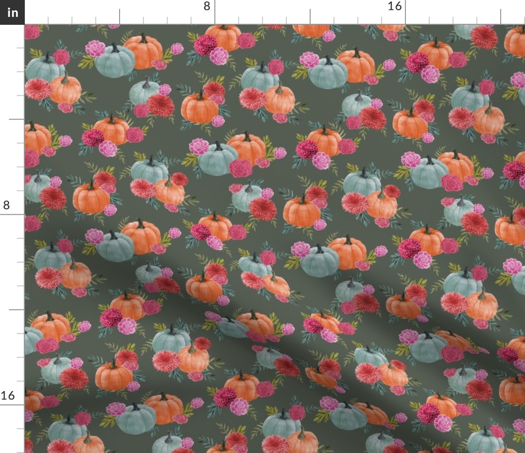 pumpkin floral fabric - watercolor autumn florals - dark green