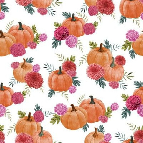 pumpkin floral fabric - watercolor autumn florals - white and pink