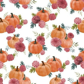 pumpkin floral fabric - watercolor autumn florals - white muted