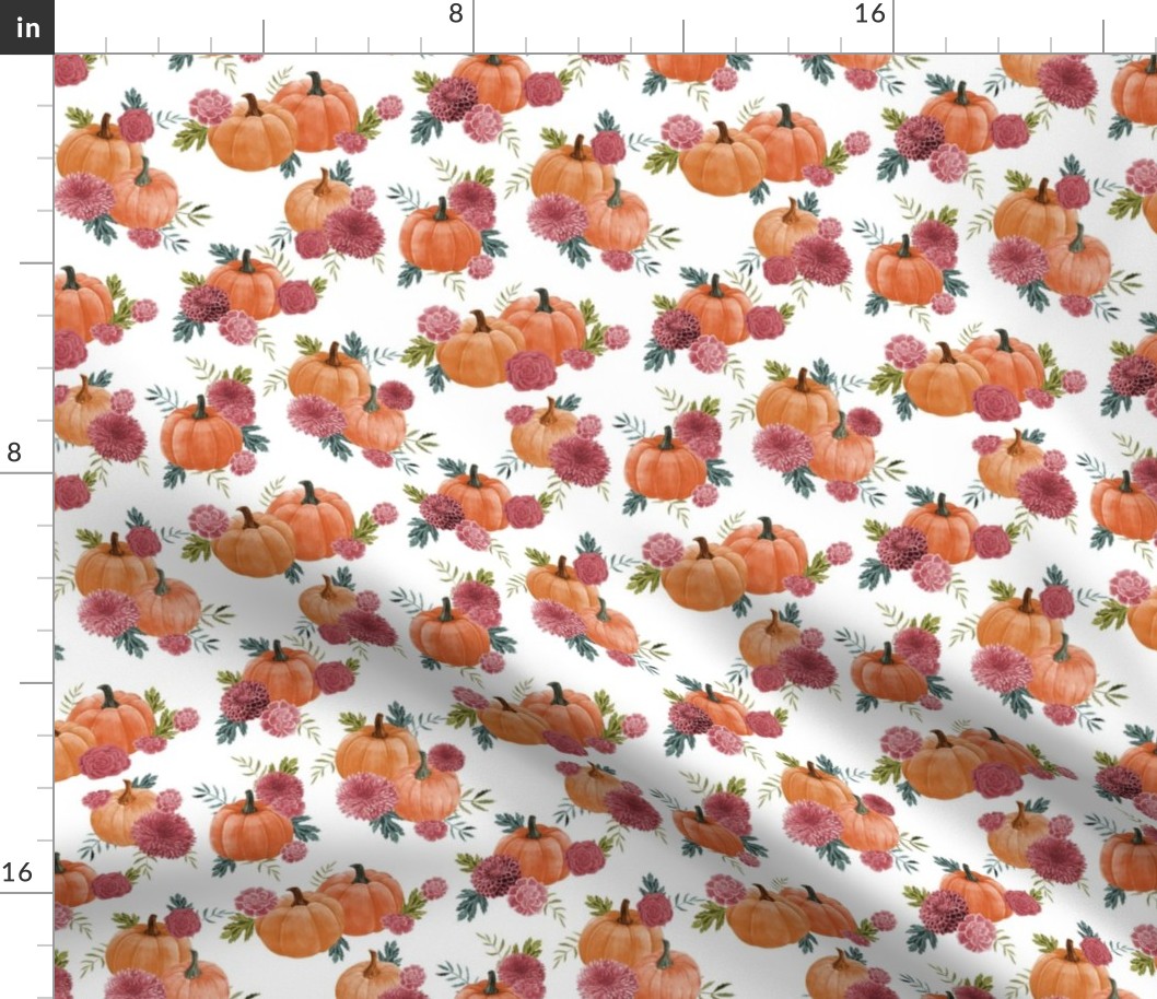 pumpkin floral fabric - watercolor autumn florals - white muted