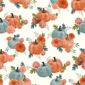 pumpkin floral fabric - watercolor autumn florals - cream
