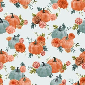 pumpkin floral fabric - watercolor autumn florals - light blue