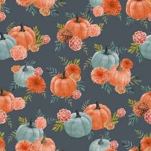 pumpkin floral fabric - watercolor autumn florals - dark blue