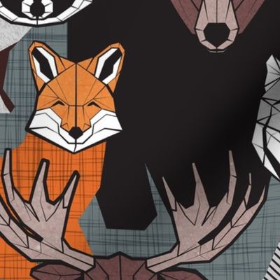 Normal scale // Canadian wild geometric animals // grey green background brown bear bull moose beaver bison grey lynx black and white raccoon bear wolf orange foxes