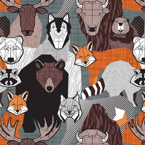 Normal scale // Canadian wild geometric animals // grey green background brown bear bull moose beaver bison grey lynx black and white raccoon bear wolf orange foxes