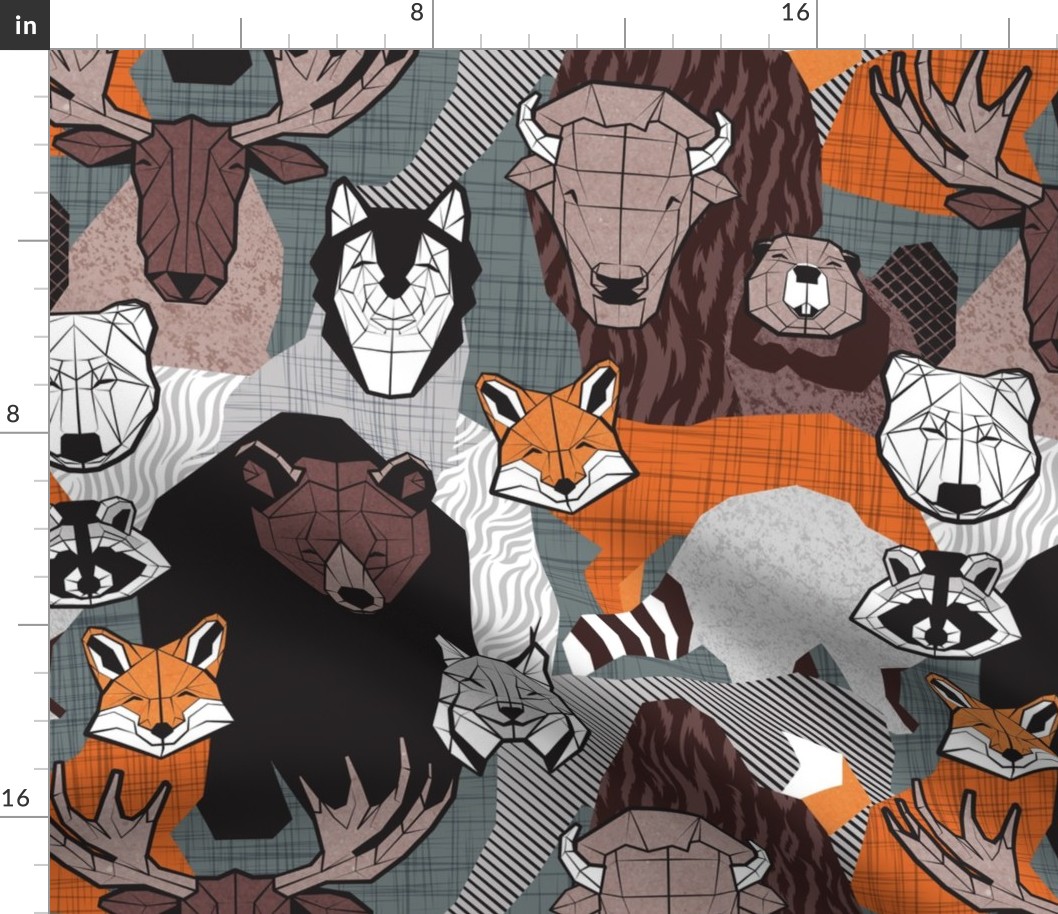 Normal scale // Canadian wild geometric animals // grey green background brown bear bull moose beaver bison grey lynx black and white raccoon bear wolf orange foxes