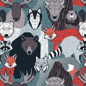 Normal scale // Canadian wild geometric animals // teal background brown bear bull moose beaver bison grey lynx black and white raccoon bear wolf red foxes