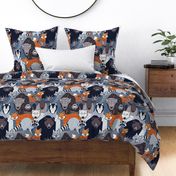 Normal scale // Canadian wild geometric animals // blue background brown bear bull moose beaver bison grey lynx black and white raccoon bear wolf orange foxes