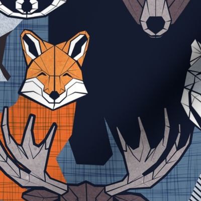 Normal scale // Canadian wild geometric animals // blue background brown bear bull moose beaver bison grey lynx black and white raccoon bear wolf orange foxes