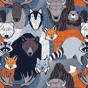 Normal scale // Canadian wild geometric animals // blue background brown bear bull moose beaver bison grey lynx black and white raccoon bear wolf orange foxes
