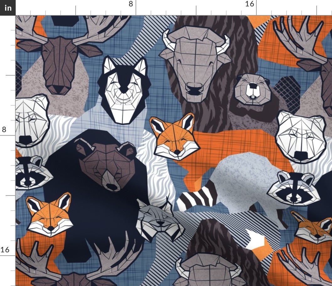 Normal scale // Canadian wild geometric animals // blue background brown bear bull moose beaver bison grey lynx black and white raccoon bear wolf orange foxes
