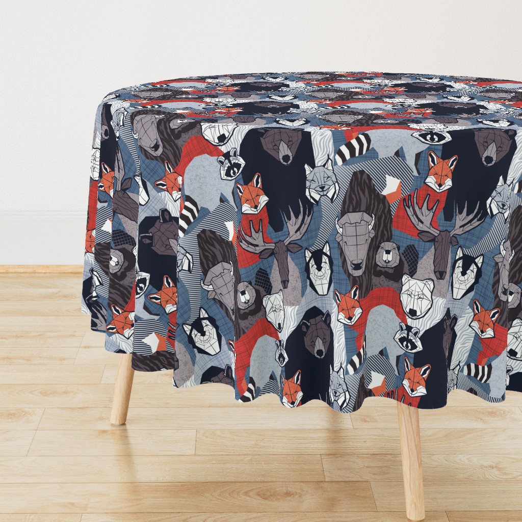 Normal scale // Canadian wild geometric animals // blue background brown bear bull moose beaver bison grey lynx black and white raccoon bear wolf red foxes