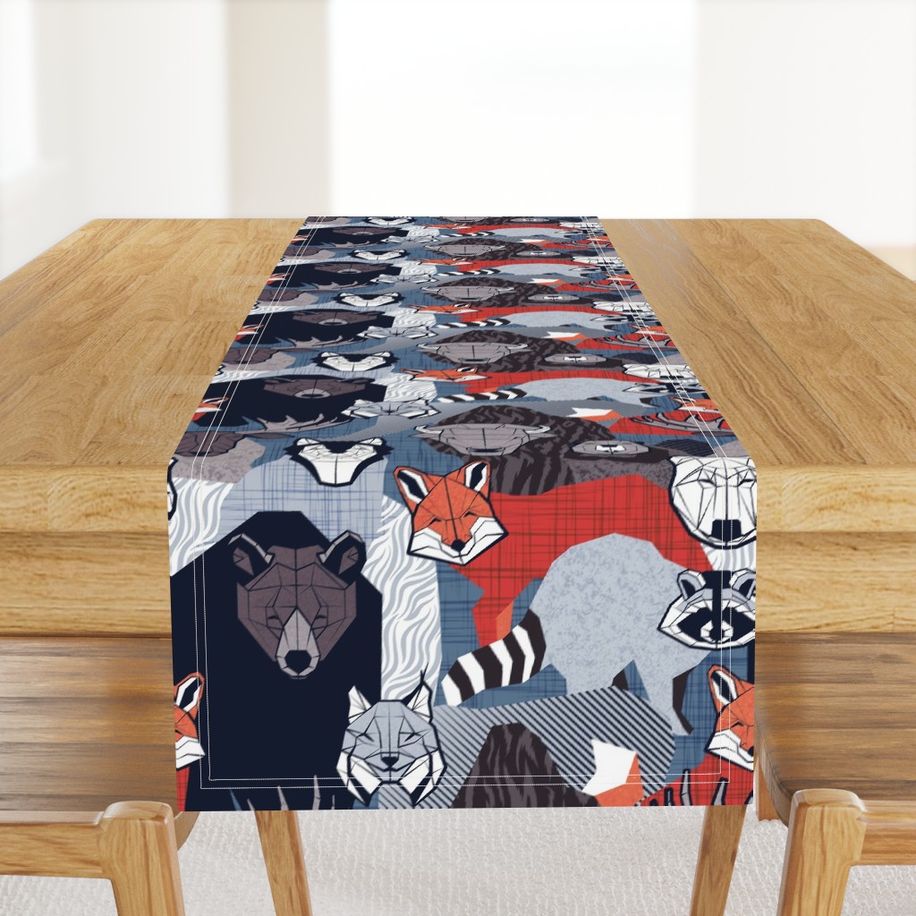 Normal scale // Canadian wild geometric animals // blue background brown bear bull moose beaver bison grey lynx black and white raccoon bear wolf red foxes