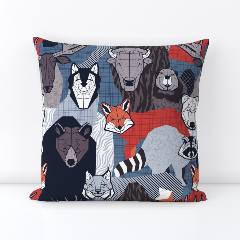 Normal scale // Canadian wild geometric animals // blue background brown bear bull moose beaver bison grey lynx black and white raccoon bear wolf red foxes