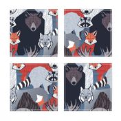 Normal scale // Canadian wild geometric animals // blue background brown bear bull moose beaver bison grey lynx black and white raccoon bear wolf red foxes