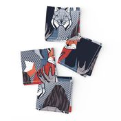 Normal scale // Canadian wild geometric animals // blue background brown bear bull moose beaver bison grey lynx black and white raccoon bear wolf red foxes