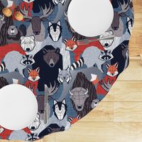 Normal scale // Canadian wild geometric animals // blue background brown bear bull moose beaver bison grey lynx black and white raccoon bear wolf red foxes