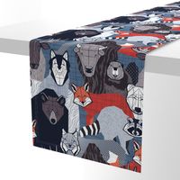 Normal scale // Canadian wild geometric animals // blue background brown bear bull moose beaver bison grey lynx black and white raccoon bear wolf red foxes