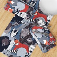 Normal scale // Canadian wild geometric animals // blue background brown bear bull moose beaver bison grey lynx black and white raccoon bear wolf red foxes