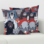 Normal scale // Canadian wild geometric animals // blue background brown bear bull moose beaver bison grey lynx black and white raccoon bear wolf red foxes