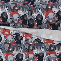 Normal scale // Canadian wild geometric animals // blue background brown bear bull moose beaver bison grey lynx black and white raccoon bear wolf red foxes