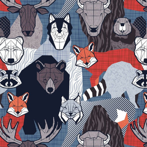 Normal scale // Canadian wild geometric animals // blue background brown bear bull moose beaver bison grey lynx black and white raccoon bear wolf red foxes
