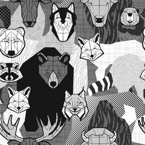 Small scale // Canadian wild geometric animals // grey background black and white bear bull moose beaver bison lynx raccoon bear wolf foxes