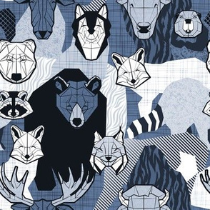 Small scale // Canadian wild geometric animals // monochromatic blue with bear bull moose beaver bison lynx raccoon bear wolf foxes