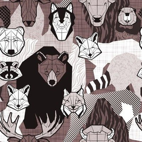 Small scale // Canadian wild geometric animals // monochromatic brown sepia with bear bull moose beaver bison lynx raccoon bear wolf foxes