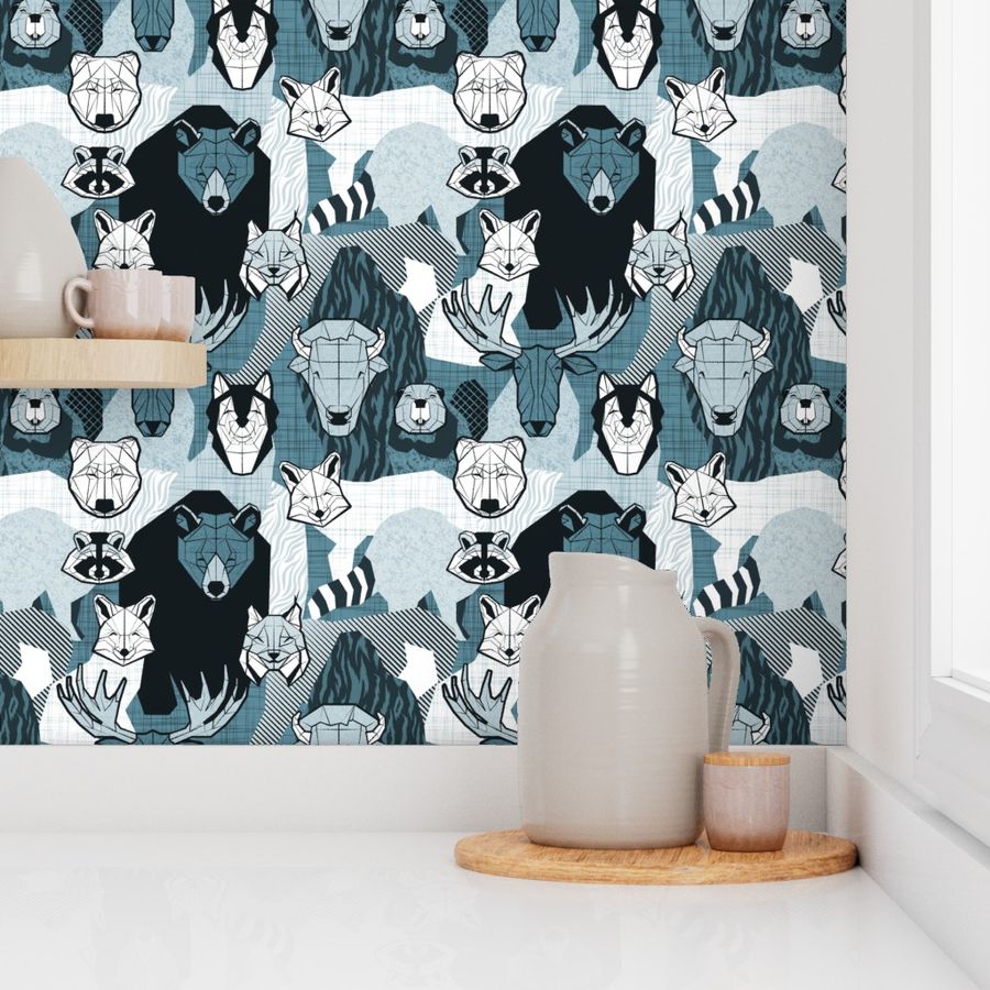 Small scale // Canadian wild geometric animals // monochromatic teal with bear bull moose beaver bison lynx raccoon bear wolf foxes