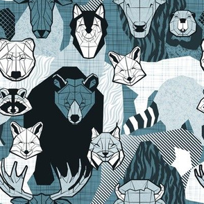 Small scale // Canadian wild geometric animals // monochromatic teal with bear bull moose beaver bison lynx raccoon bear wolf foxes