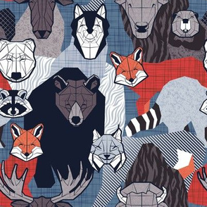 Small scale // Canadian wild geometric animals // blue background brown bear bull moose beaver bison grey lynx black and white raccoon bear wolf red foxes
