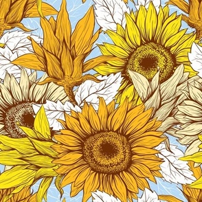  Sunflowers field on blue