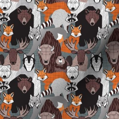 Tiny scale // Canadian wild geometric animals // grey green background brown bear bull moose beaver bison grey lynx black and white raccoon bear wolf orange foxes