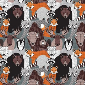 Tiny scale // Canadian wild geometric animals // grey green background brown bear bull moose beaver bison grey lynx black and white raccoon bear wolf orange foxes