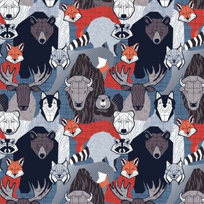 Tiny scale // Canadian wild geometric animals // blue background brown bear bull moose beaver bison grey lynx black and white raccoon bear wolf red foxes