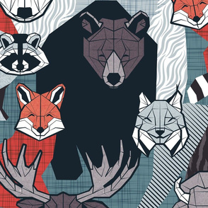 Large jumbo scale // Canadian wild geometric animals // teal background brown bear bull moose beaver bison grey lynx black and white raccoon bear wolf red foxes