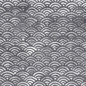 Japanese Block Print Pattern of Ocean Waves (xl scale) | Japanese Waves Pattern in Soft Grey, Grey Boho Print, Beach Fabric.