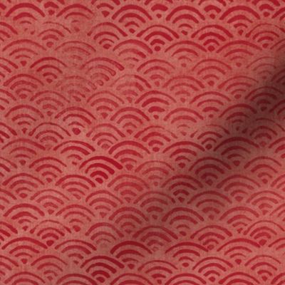 Japanese Block Print Pattern of Ocean Waves (xl scale) | Japanese Waves Pattern in Red Ochre, Red Boho Print, Beach Fabric.