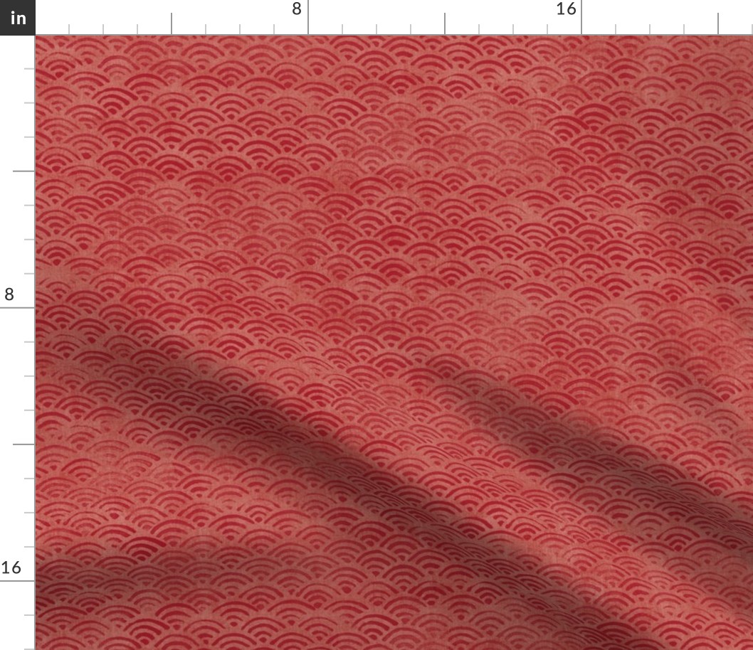 Japanese Block Print Pattern of Ocean Waves (xl scale) | Japanese Waves Pattern in Red Ochre, Red Boho Print, Beach Fabric.