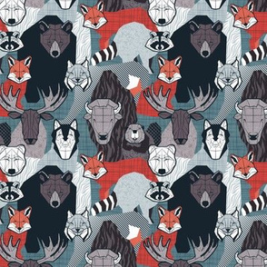 Tiny scale // Canadian wild geometric animals // teal background brown bear bull moose beaver bison grey lynx black and white raccoon bear wolf red foxes