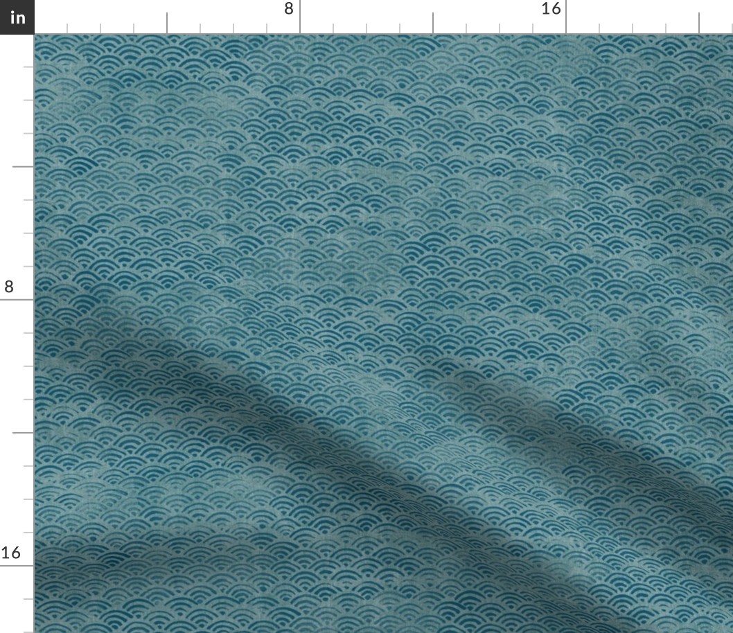 Japanese Block Print Pattern of Ocean Waves (large scale) | Japanese Waves Pattern in Teal Blue, Blue Green Boho Print, Beach Fabric.
