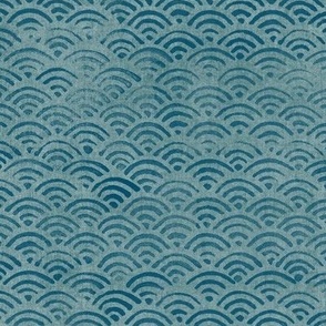 Japanese Block Print Pattern of Ocean Waves (xl scale) | Japanese Waves Pattern in Teal Blue, Blue Green Boho Print, Beach Fabric.