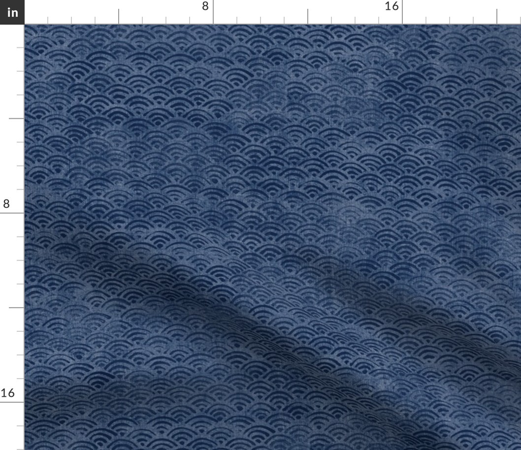 Japanese Block Print Pattern of Ocean Waves (xl scale) | Japanese Waves Pattern in Indigo Blue, Navy Boho Print, Beach Fabric.