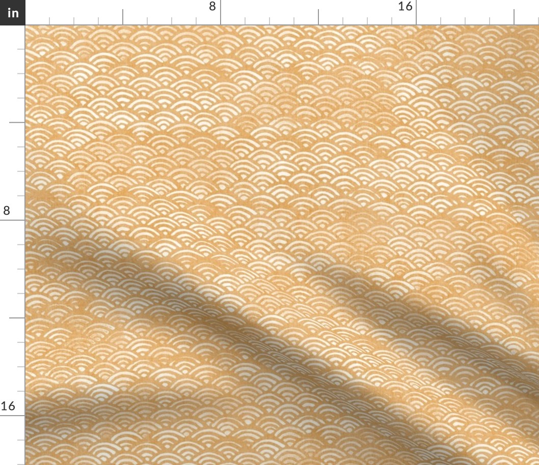 Japanese Block Print Pattern of Ocean Waves (xl scale) | Japanese Waves Pattern in Yellow Ochre, Gold Boho Print, Beach Fabric.
