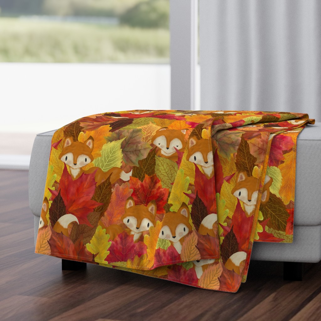 Foxes Hiding in the Fall Leaves -Autumn Fox - Large Scale