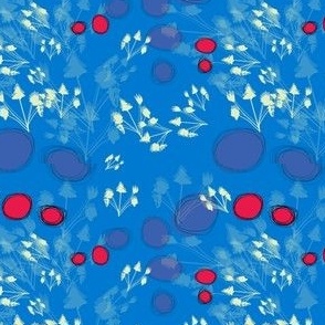 Bright Blue with Light Yellow Flowers and Abstract Red Shapes