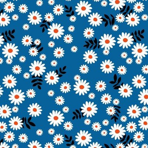 Little daisies and leaves summer garden minimal Scandinavian blossom blue white black