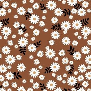 Little daisies and leaves summer garden minimal Scandinavian blossom chocolate brown